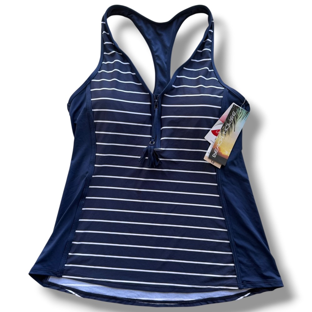 Beach House Womens 12 Admiral 511 Navy White Striped Racerback Tankini Top Beach